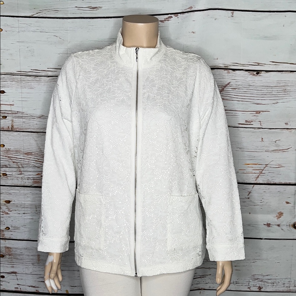 Denim & Co. NWT Size XL White Floral Lace Overlay Zip Front Jacket